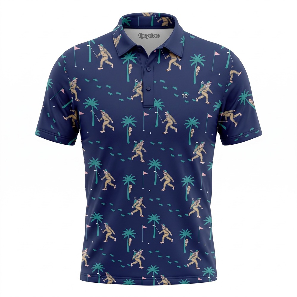 Tipsy Elves Mens Bigfoot Golf Polo Shirt Navy Blue Palm Trees Sasquatch L 2538